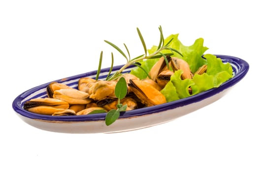 Marinated mussels on white photo