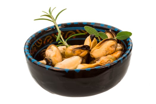 Marinated mussels on white photo