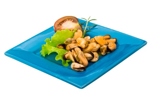 Marinated mussels on white photo