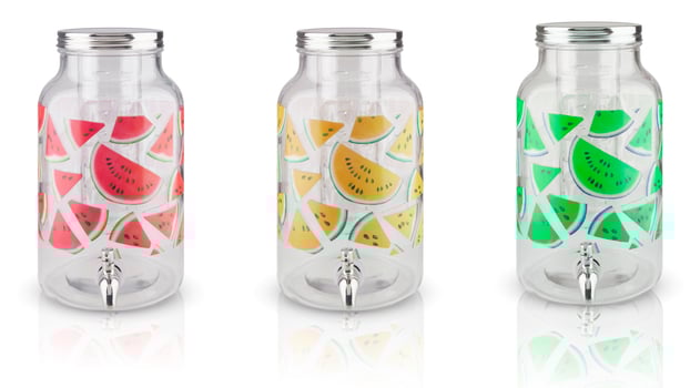 Clear glass jar with aluminum lid in front with faucet. three color watermelon pattern isolated on white background with clipping path photo
