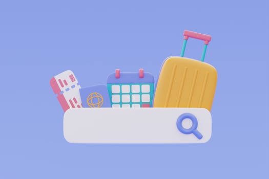 Tourism and travel,Booking airline tickets online with search bar and suitcase,passport,calendar ,holiday vacation,3d rendering photo