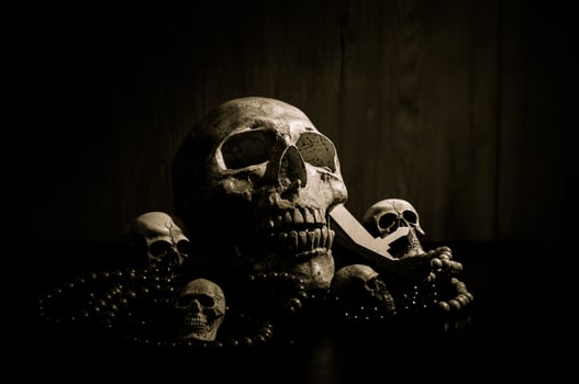 Still life art of a human skull and bead on a black background photo