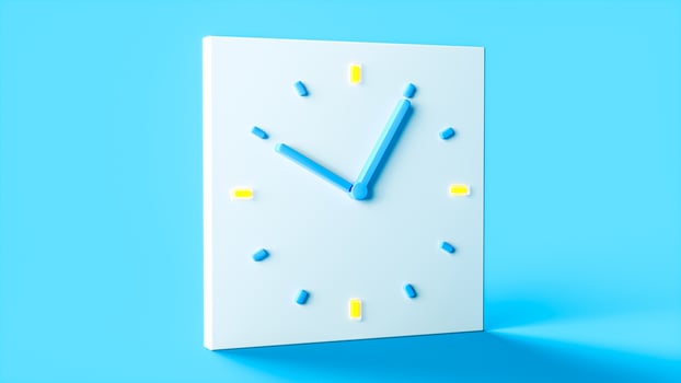 Minimal Clock in square shape isolated on blue background with backlit time 10 o clock and 5 minutes 3d illustration photo