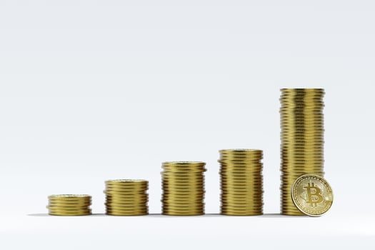 Bitcoin growth concept, Stacks of gold coins like income graph with bitcoin, Isolated on white background - 3d render illustrator photo
