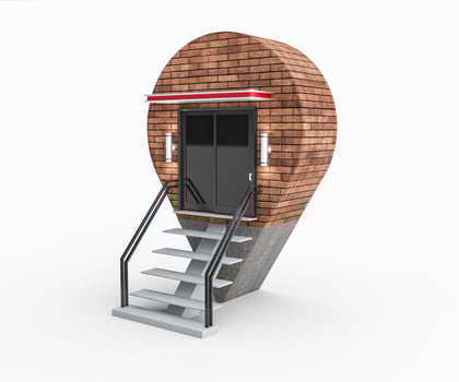 new location Navigator pin locator. Brick wall concrete metal stairs empty space Geolocation sign isolated on white background. bakery pizza shop, market, outlet store 3D illustration photo