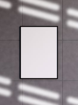 Modern and minimalist vertical black poster or photo frame mockup on the concrete wall in a room. 3d rendering.