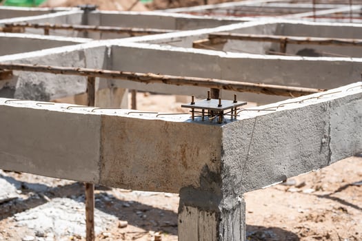 Steel base plate at fixed by j-bolt and steel bar in concrete,  Building and construction concept photo