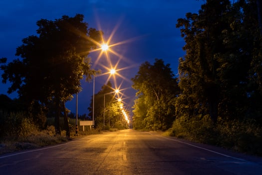 Many lights on the road with twilight trees. photo