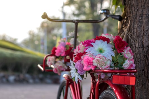 Beautiful artificial flowers on a red antique bike. photo