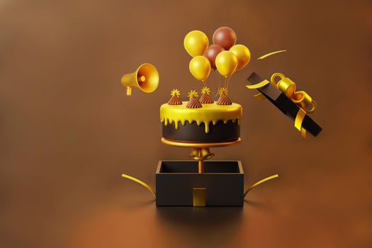 Golden cake in the black gift box and a cute balloon and megaphone on brown background for greeting card and advertisement 3d illustration photo