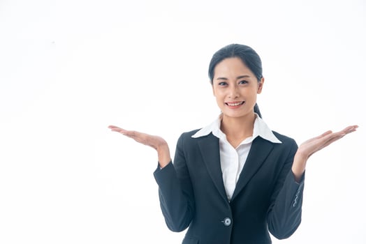 Asian beautiful, smart and young business woman happy and confidence  in successful on isolated white background photo