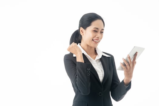 Asian beautiful smart  and young businesswoman is the executive or manager stand up thinking and smiling with confidence and surprise  in successful on isolated white background photo