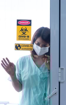 COVID-19, Corona Virus outbreak, quarantine and epidemic spread concept. Asian depressed CORONA or COVID-19 patient infection wear face mask in quarantine room at the hospital photo