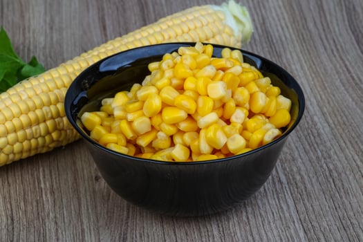 Sweet corn in a bowl on wooden background photo