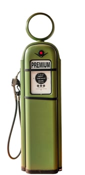 Vintage green gasoline pump of old gas station. Petrol pump filling nozzles isolated on white background. Classic fuel pump for premium car. Benzene and diesel oil storage container for delivery. photo