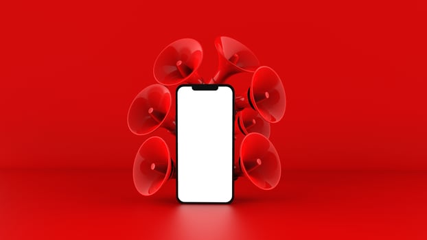Mobile Phone and megaphone, loudspeaker background. 3D illustration. photo