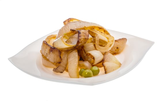 Fried onion on white background photo