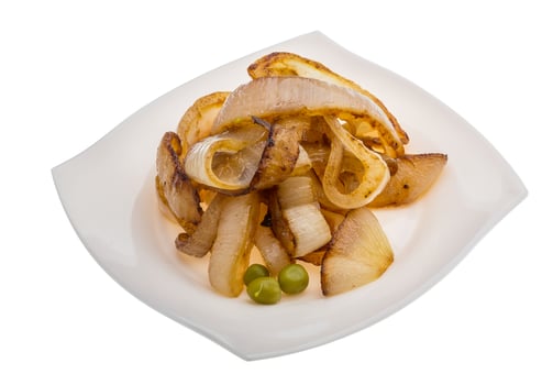 Fried onion on the plate and white background photo