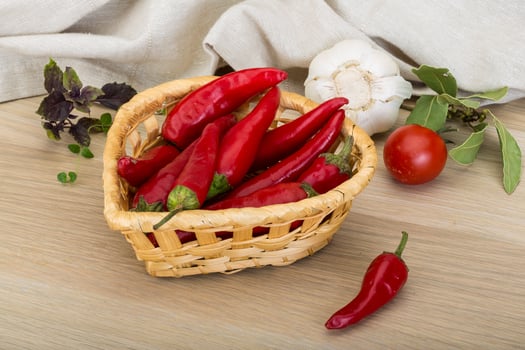 Chili peppers in a basket on wooden background photo
