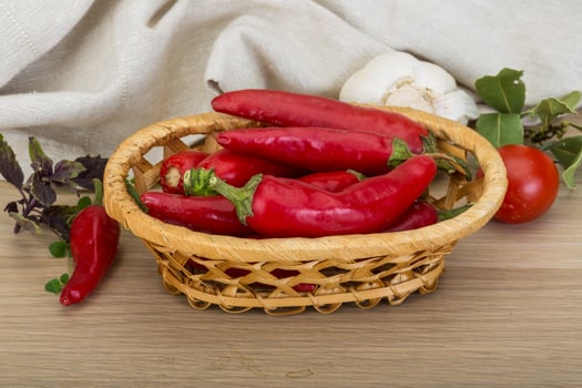 Chili peppers in a basket on wooden background photo