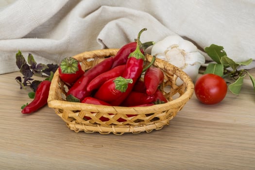 Chili peppers in a basket on wooden background photo