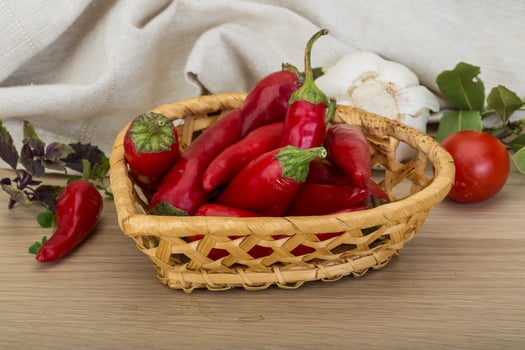 Chili peppers in a basket on wooden background photo
