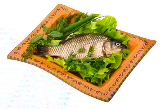 Crucian on the plate and white background photo