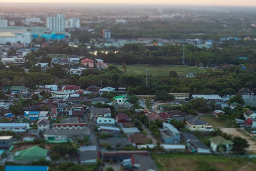 View from above, housing, and many trees. photo