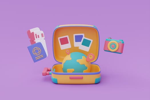 Opened yellow suitcase with globe,camera,passport and tickets.Tourism and travel plan to trip,Time to travel, holiday vacation,3d rendering photo