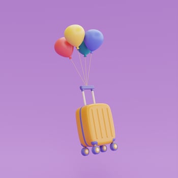Suitcase with colorful balloons float isolated on purple background,Tourism and travel sale concept,holiday vacation,Time to travel,3d rendering photo
