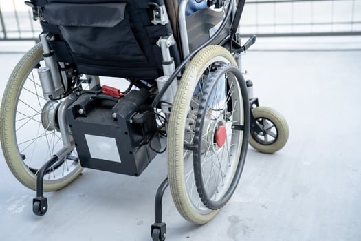 Asian senior or elderly old lady woman patient on electric wheelchair with remote control at nursing hospital ward, healthy strong medical concept photo