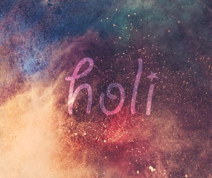 HOLI text and colorful galaxy background. photo