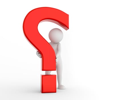 3d question mark being hold by a toon man. FAQ, ask, search concepts photo