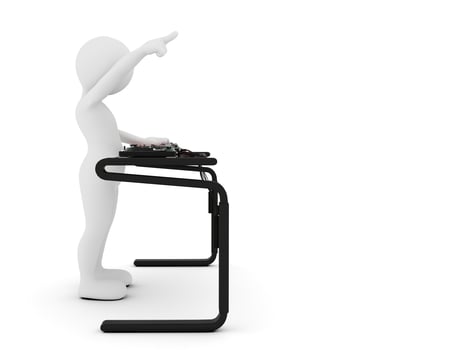 Toon man DJ spinning music on mixer. White background photo