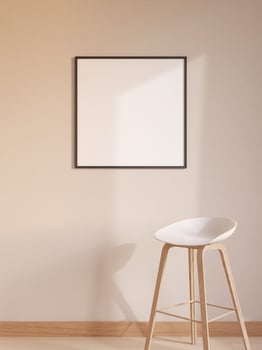 Modern and minimalist square black poster or photo frame mockup on the wall in the living room. 3d rendering.