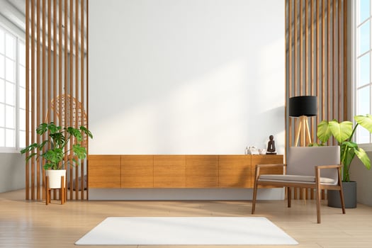Cabinet wood for tv on the wood slat wall in living room with minimalist design. 3d rendering photo