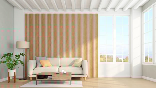 Minimalist living room with wood slat wall and sofa, floor lamp. 3d rendering photo