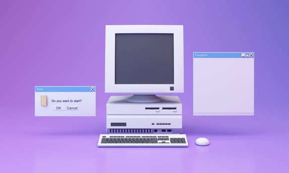 Abstract aesthetic background with 90s style system message windows, old vintage computer, mouse, keyboard, pop up icon system message window on pink and purple gradient y2k style realistic 3d render photo