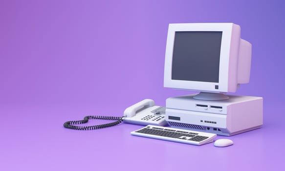 Abstract aesthetic background with 90s style system message windows, old vintage computer, mouse, keyboard, pop up icon system message window on pink and purple gradient y2k style realistic 3d render photo