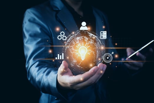 Businessman conducting online transactions with internet technology. Concept global data connection by metaverse technology , big data , search for information, e-commerce, online business. photo