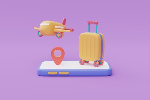 Yellow suitcase with airplane on smartphone,Tourism and travel plan to trip concept,holiday vacation,Time to travel,3d rendering photo