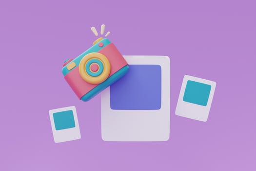 3d photo frame with colorful camera on purple background,Tourism and travel plan to trip concept,holiday vacation,Time to travel,3d rendering