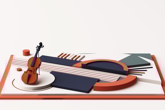 Violin and music instrument concept, Abstract composition of geometric shapes platforms in orange and blue tone. 3d rendering photo