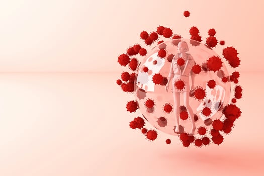 Pandemic corona virus conceptual  colour people social distancing strategy with human model in sphere ball glass surrounding by a lot of virus 3d rendering photo