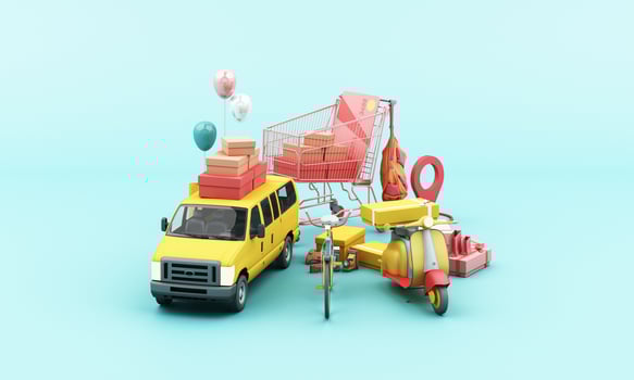 Express delivery concept  Delivery by yellow  scooter motorcycle and yellow  van with location mobile application E-commerce concept with shopping cart on blue background 3d rendering photo