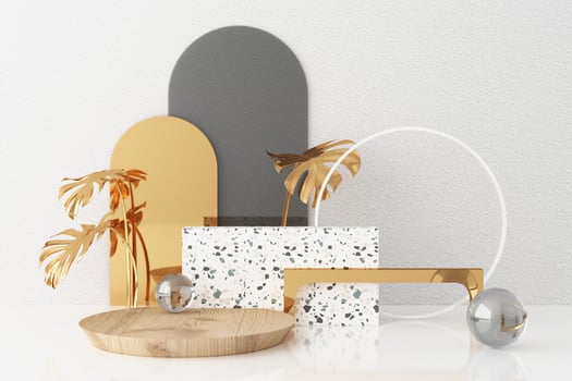 Minimal abstract geometric background with direct sunlight in shades of green and yellow. Showcase scene with empty podium for product presentation 3d rendering photo