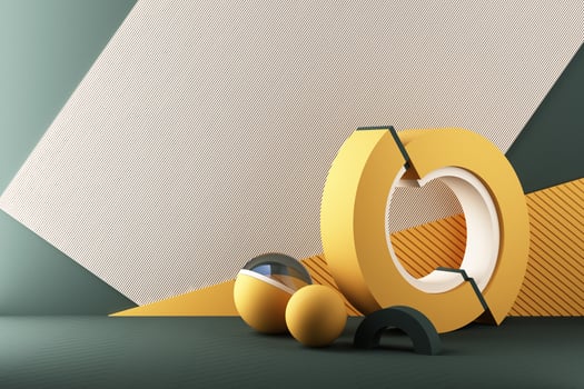 Minimal abstract geometric background with direct sunlight in shades of green and yellow. Showcase scene with empty podium for product presentation 3d rendering photo