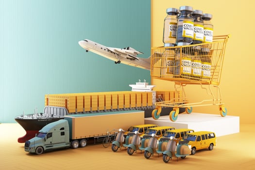 Concept colorful yellow and green tone for the worldwide delivery of COVID-19 coronavirus vaccine by van 3d rendering photo