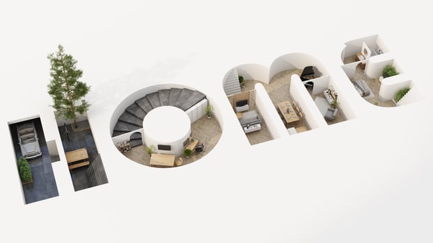 A cross section of a house. concept of work from home, goal of life, Work Life Balance with furniture used in daily life. in white and wood tones, 3D rendering and illustration. photo