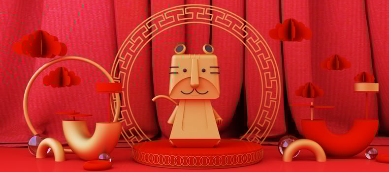 Chinese New Year style red and white podium product showcase with gold and gift, lantern, China pattern scene background. 2022 tiger year Holiday traditional festival concept. 3D rendering photo